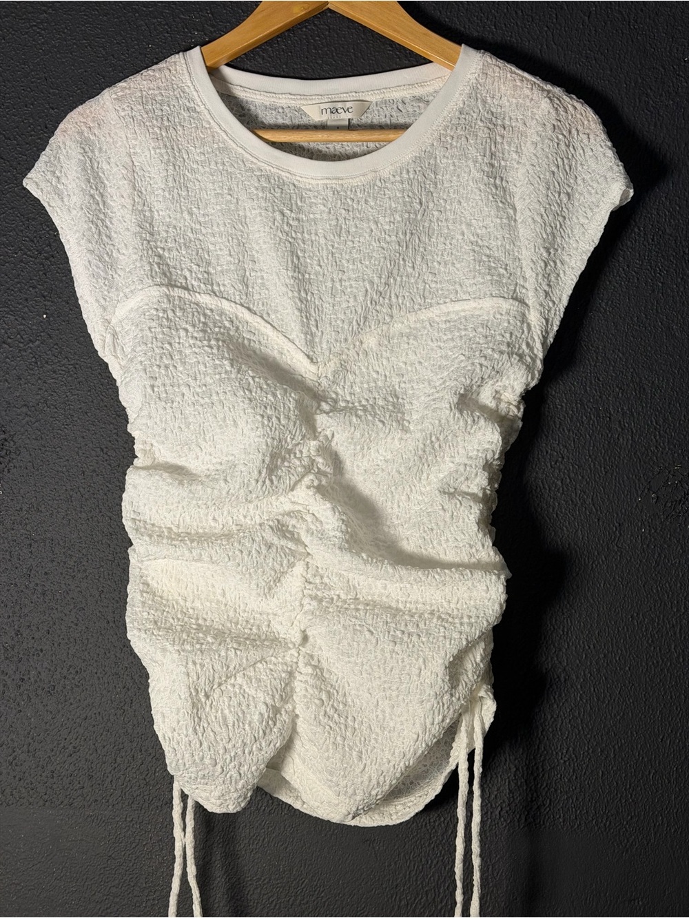 Maeve White Textured Ruched Tank Top with Drawstring